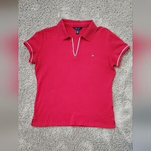 💚5/$25 Tommy Hilfiger Red Fitted Stretch Knit Polo Shirt Size Medium Classic